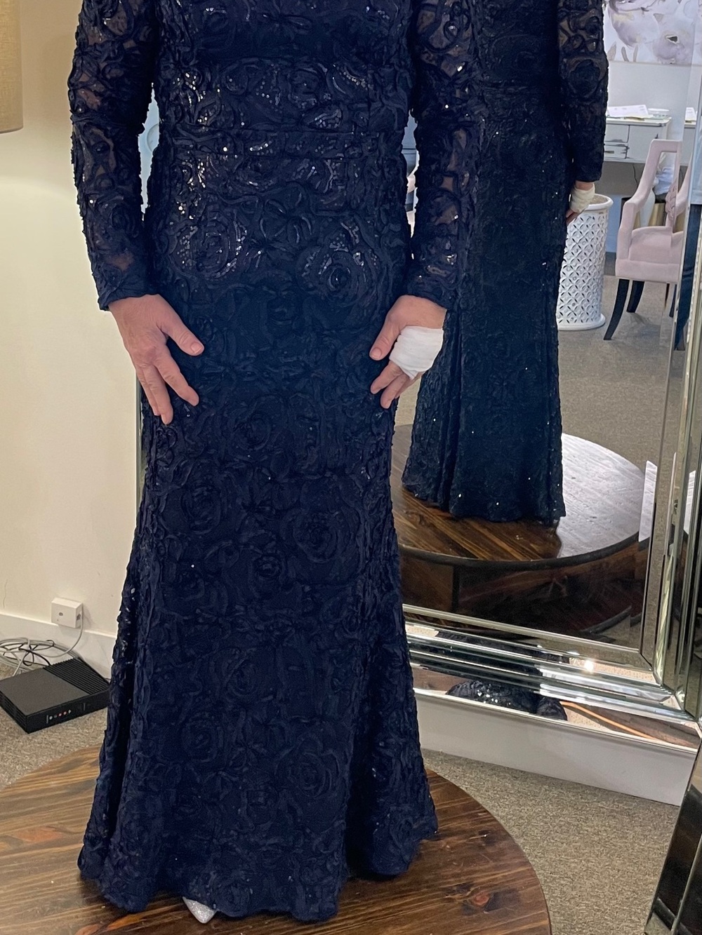 Xscape Navy Sequin Long Sleeve Evening Gown